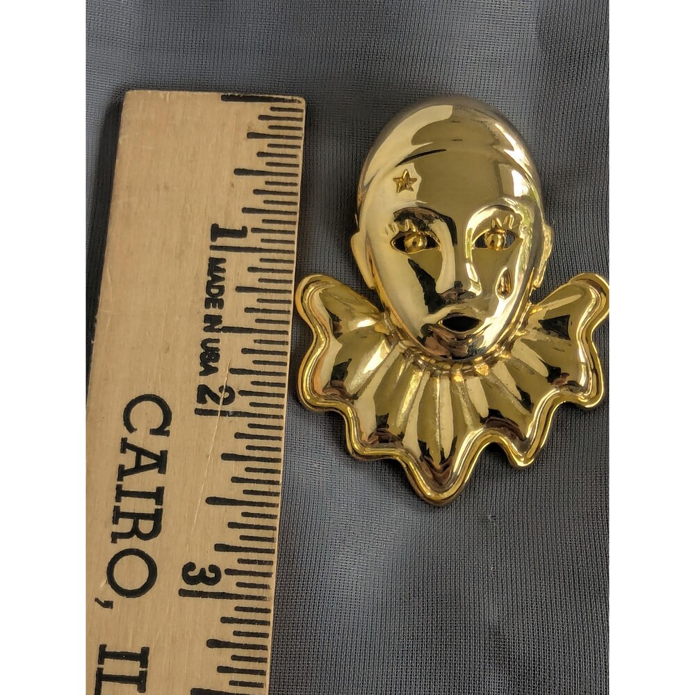 Vintage Theater Mask Brooch Gold Tone Mime Clown Pin Harlequin Jewelry Gift - Picture 5 of 5